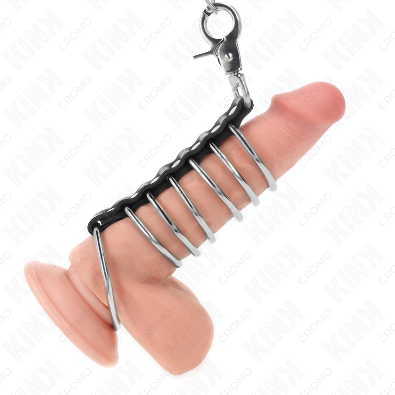KINK - 7 metal penis rings 3.8 cm to 5 cm connected with leather and a 100 cm metal chain