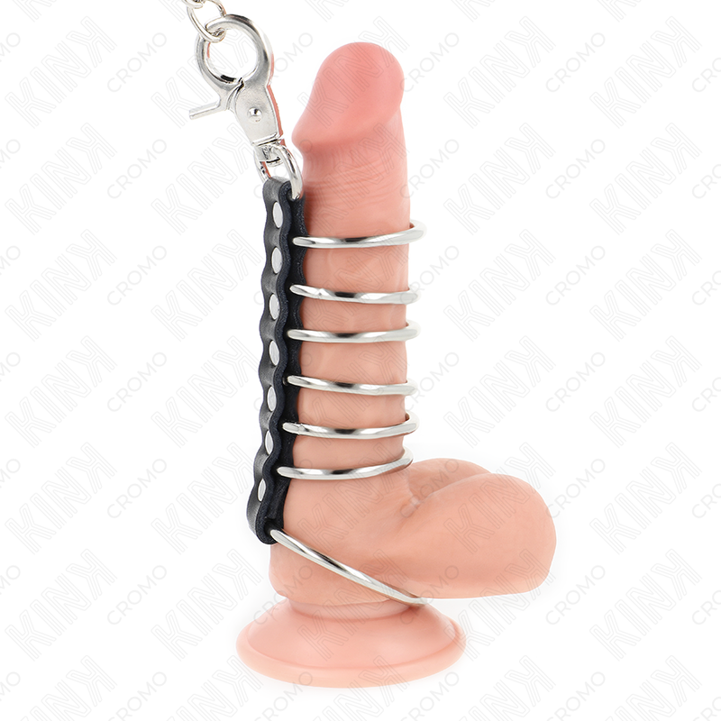 KINK - 7 metal penis rings 3.8 cm to 5 cm connected with leather and a 100 cm metal chain