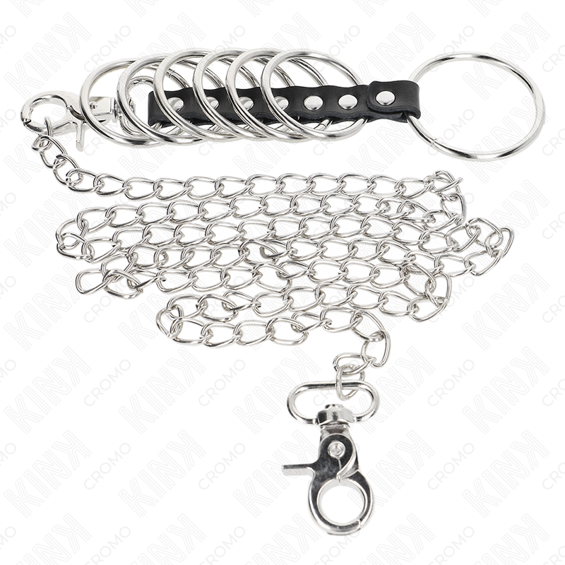 KINK - 7 metal penis rings 3.8 cm to 5 cm connected with leather and a 100 cm metal chain