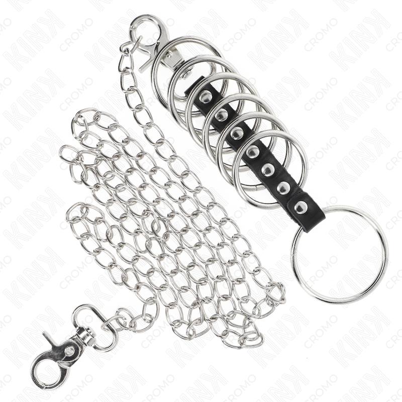 KINK - 7 metal penis rings 3.8 cm to 5 cm connected with leather and a 100 cm metal chain