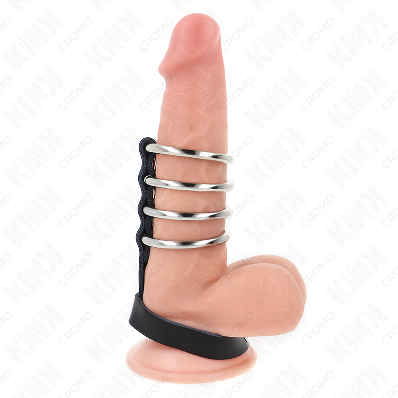 KINK - 4 METAL PENIS RINGS 3.8 CM CONNECTED WITH LEATHER STRAP 22 X 1.5 CM AND PRESS CLOSURE