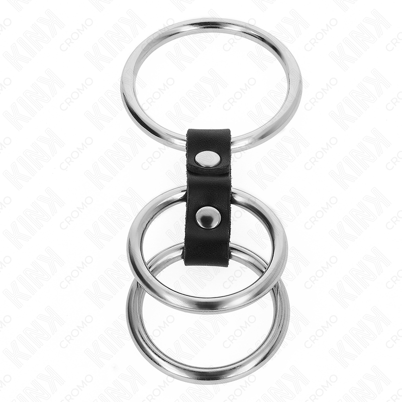 KINK - DRIEVOUDIGE METALEN PENISRING 3,7 CM TOT 5 CM VERBONDEN MET LEER