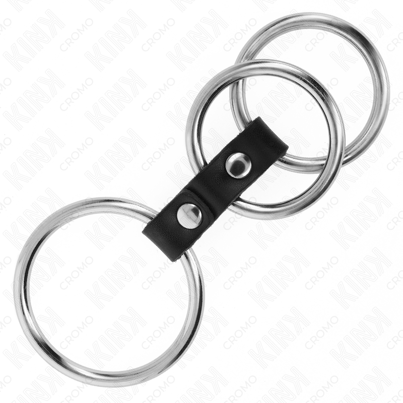 KINK - DRIEVOUDIGE METALEN PENISRING 3,7 CM TOT 5 CM VERBONDEN MET LEER