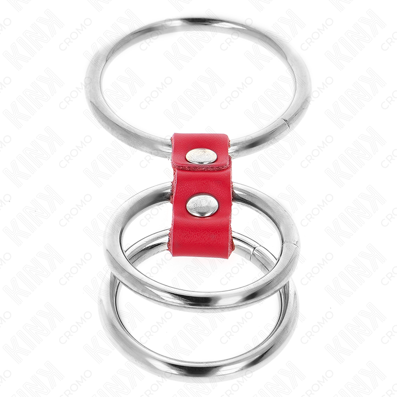KINK - DRIEVOUDIGE METALEN PENISRING 3,7 CM TOT 5 CM VERBONDEN MET ROOD LEER