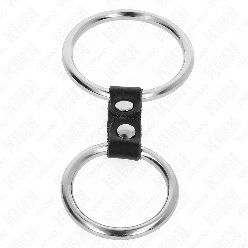 KINK - DUBBELE METALEN PENISRING 3,7 CM TOT 5 CM VERBONDEN DOOR LEDEREN BAND MODEL 2