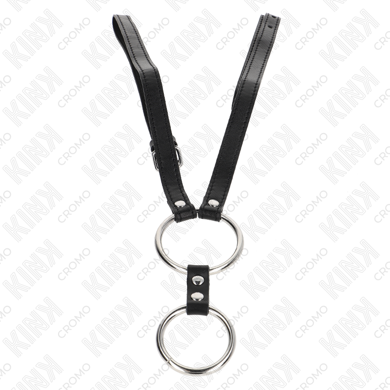 KINK - DOUBLE METAL PENIS RING 3.8 CM TO 5 CM WITH LEATHER STRAPS 112 CM