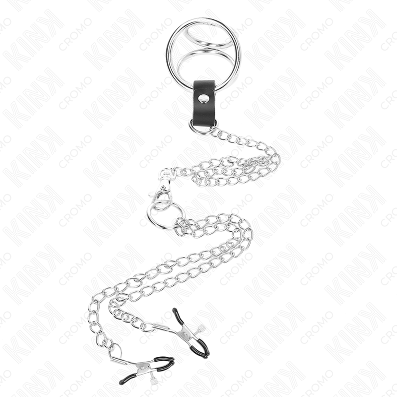 KINK - DRIEVOUDIGE CHROOM METALEN PENISRING 3,8 CM TOT 5 CM MET 26 CM METALEN KETTING EN TEPELKLEMMEN MODEL 1