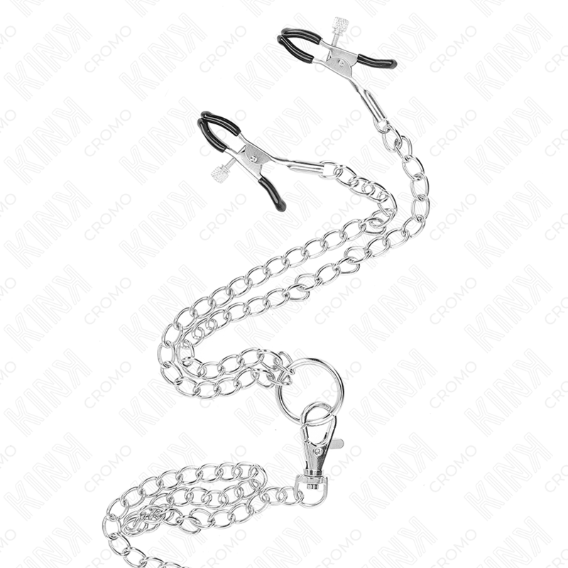 KINK - DRIEVOUDIGE CHROOM METALEN PENISRING 3,8 CM TOT 5 CM MET 26 CM METALEN KETTING EN TEPELKLEMMEN MODEL 1