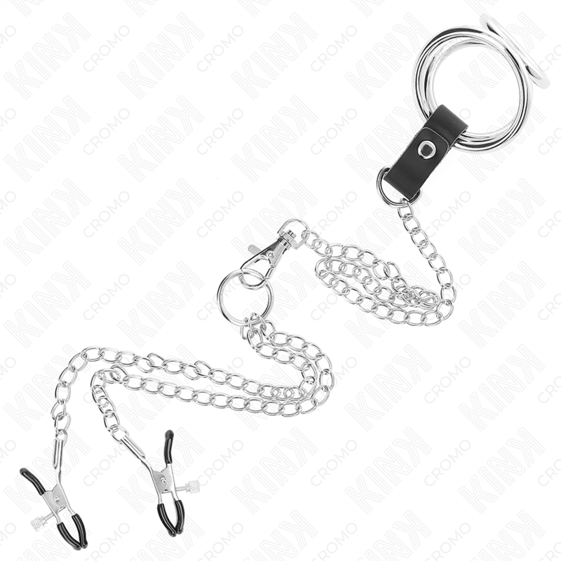 KINK - DRIEVOUDIGE CHROOM METALEN PENISRING 3,8 CM TOT 5 CM MET 26 CM METALEN KETTING EN TEPELKLEMMEN MODEL 1