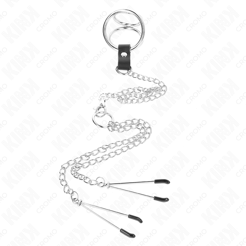 KINK - DRIEVOUDIGE CHROOM METALEN PENISRING 3,8 CM TOT 5 CM MET 26 CM METALEN KETTING EN TEPELKLEMMEN MODEL 2