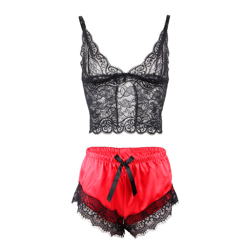 SUBBLIME - 953959 CASUAL ZIJDEN NACHTJURK + KANTEN BROEK ZWART/ROOD S/M