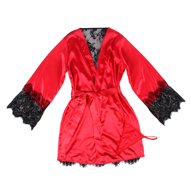SUBBLIME - 954024 KANTEN ONDERSHIRT MET DOORZICHTIGE RUG EN G-STRING, ROOD/ZWART, L/XL