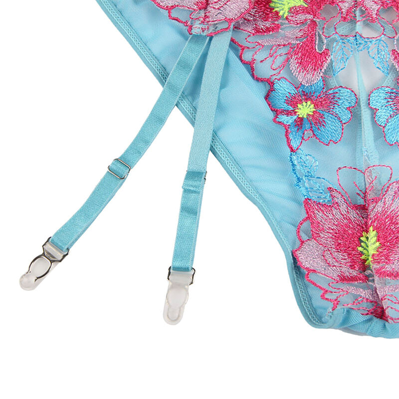 SUBBLIME - 954116 BH + SLIPJE MET JARRETELLEGORDEL BLOEMENDESIGN BLAUW L/XL