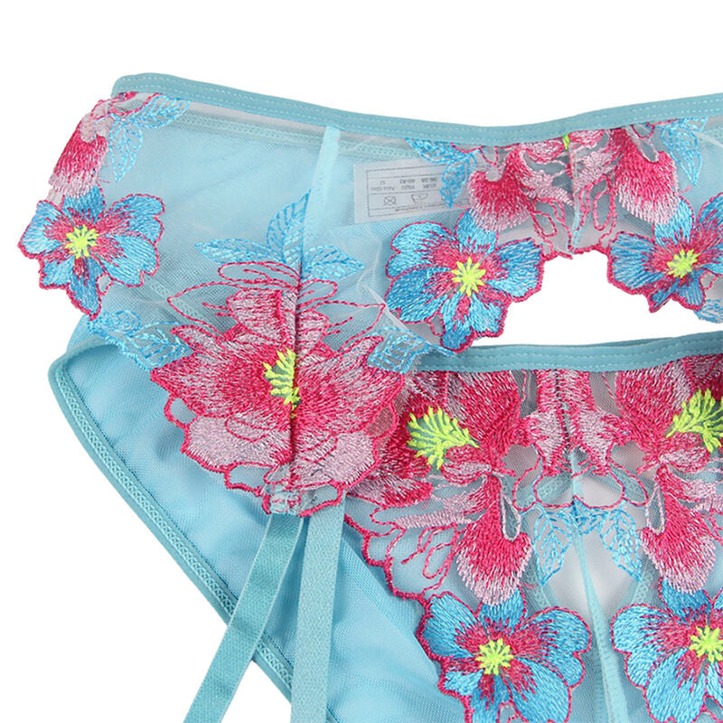 SUBBLIME - 954116 BH + SLIPJE MET JARRETELLEGORDEL BLOEMENDESIGN BLAUW L/XL