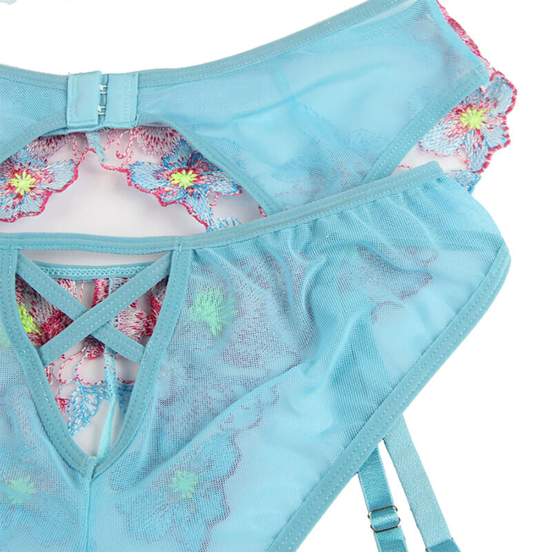 SUBBLIME - 954116 BH + SLIPJE MET JARRETELLEGORDEL BLOEMENDESIGN BLAUW L/XL