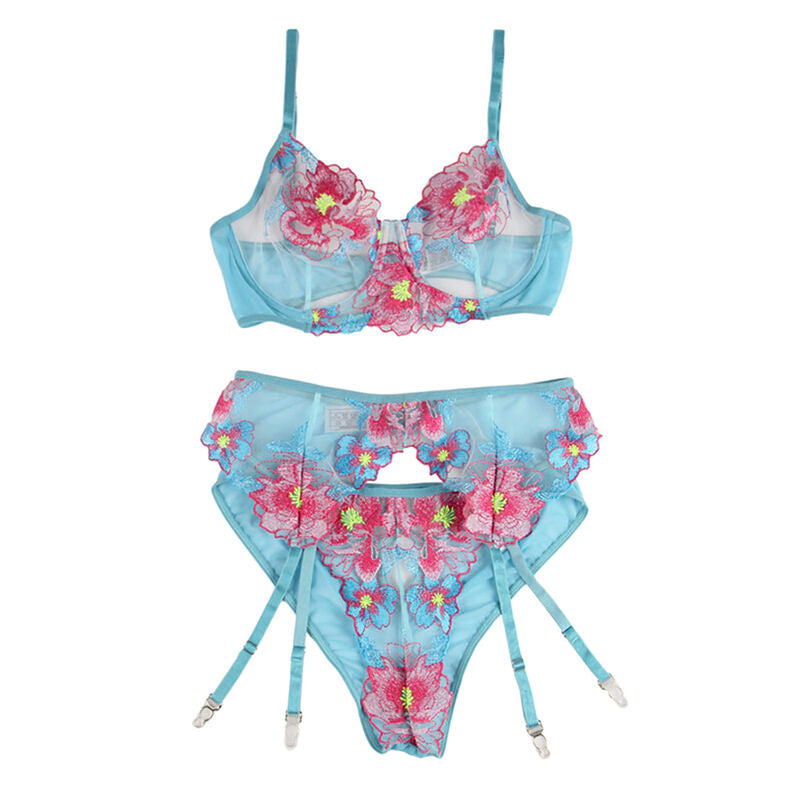 SUBBLIME - 954116 BH + SLIPJE MET JARRETELLEGORDEL BLOEMENDESIGN BLAUW L/XL