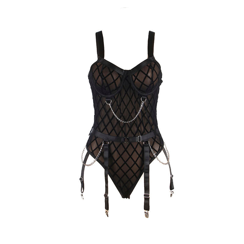 SUBBLIME - 9542277 BODY MIT KETTEN + STRUMPFGÜRTEL SCHWARZ L/XL