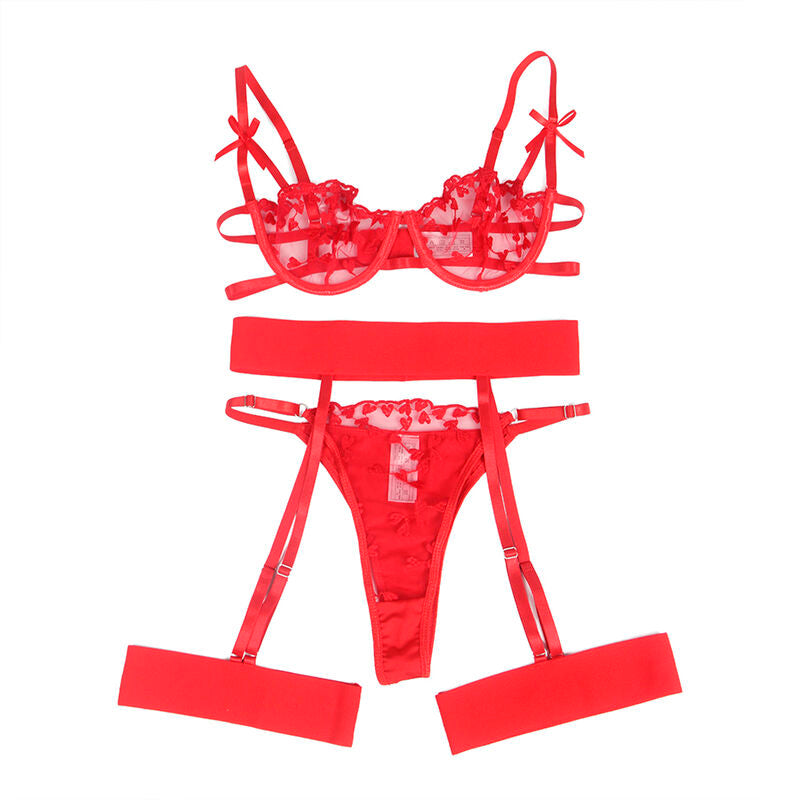 SUBBLIME - 954338 SOUTIEN-GORGE + STRING + PORTE-JARRETELLES IMPRIMÉ CŒUR ROUGE L/XL
