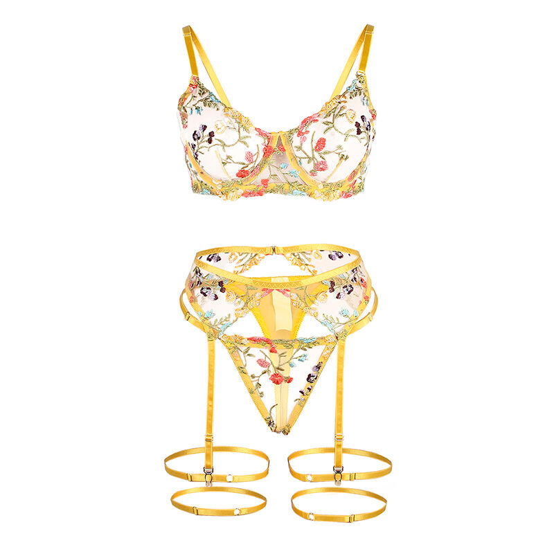 SUBBLIME - 954352 BRA + G-STRING + GARTER BELT FLORAL DESIGN YELLOW L/XL