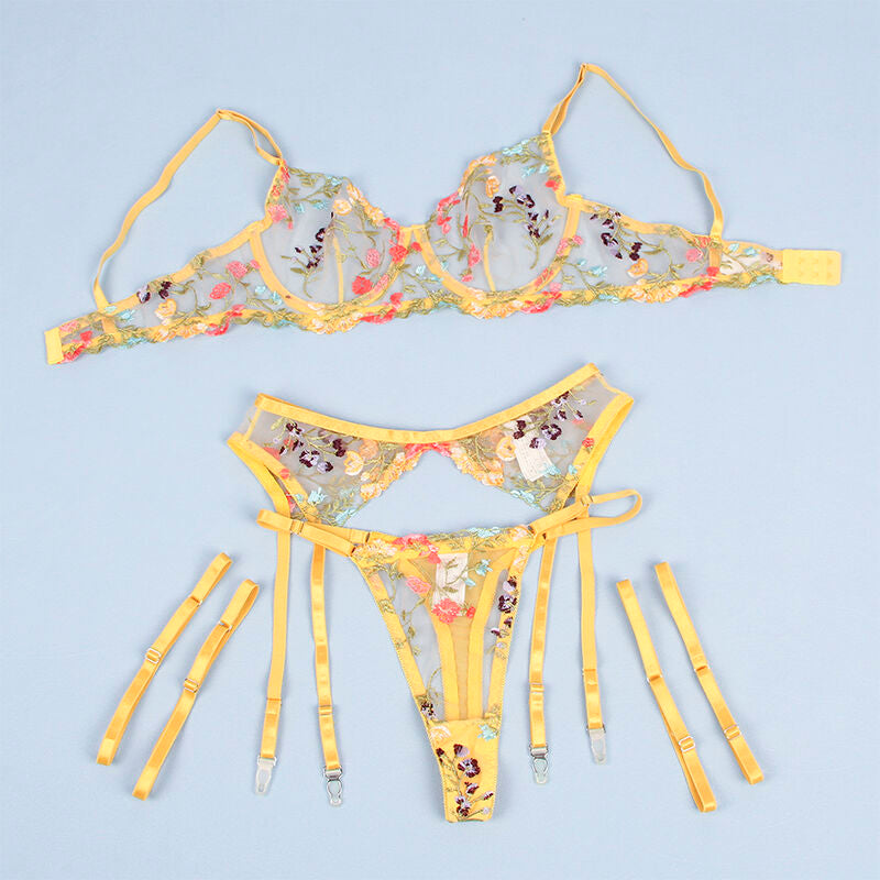 SUBBLIME - 954352 BRA + G-STRING + GARTER BELT FLORAL DESIGN YELLOW L/XL