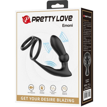 PRETTY LOVE - EMONI PENISRING + ANAL PLUG 12 VIBRATIONEN SCHWARZ
