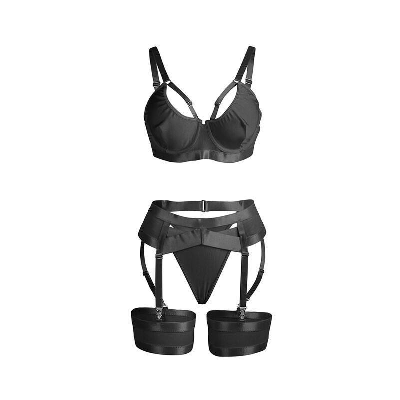 SUBBLIME - 955236 ENSEMBLE SOUTIEN-GORGE BONDAGE NOIR AVEC BANDE JARRETELLES S/M