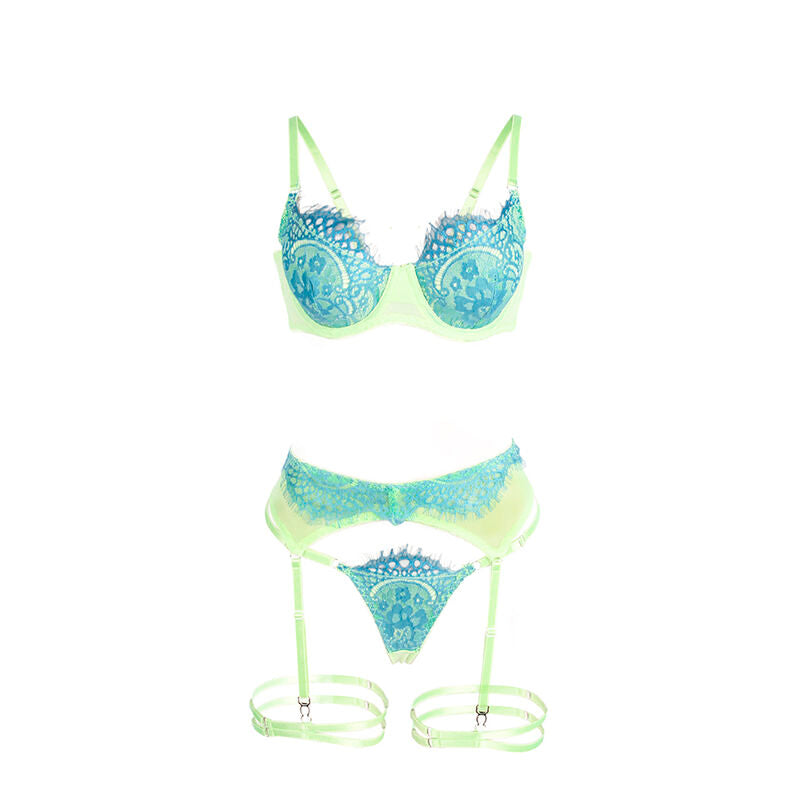 SUBBLIME - 955328 ENSEMBLE SOUTIEN-GORGE AVEC DENTELLE ET PORTE-JARRETELLES VERT ET BLEU L/XL