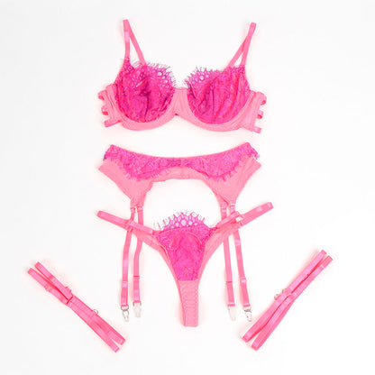 SUBBLIME - 955359 BH-SET MIT SPITZE UND STRUMPFBÄNDERN ROSA UND LILA S/M