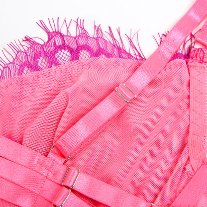 SUBBLIME - 955359 BH-SET MIT SPITZE UND STRUMPFBÄNDERN ROSA UND LILA S/M