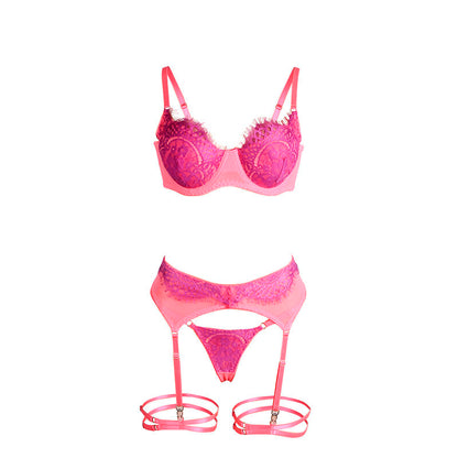 SUBBLIME - 955366 BH-SET MIT SPITZE UND STRUMPFBAND ROSA UND LILA L/XL
