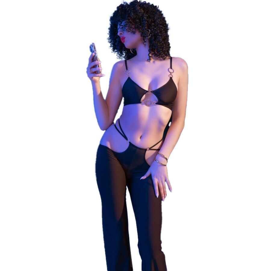 CHILIROSE - CR 4851 SCHWARZES TOP UND LEGGINGS-SET MIT GOLDENEN ACCESSOIRES L