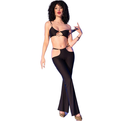 CHILIROSE - CR 4851 SCHWARZES TOP UND LEGGINGS-SET MIT GOLDENEN ACCESSOIRES L