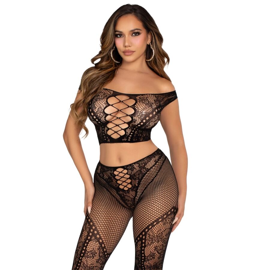 LEG AVENUE - CROP TOP UND NETZLEGGING MIT FREIEN SCHULTERN SCHWARZ