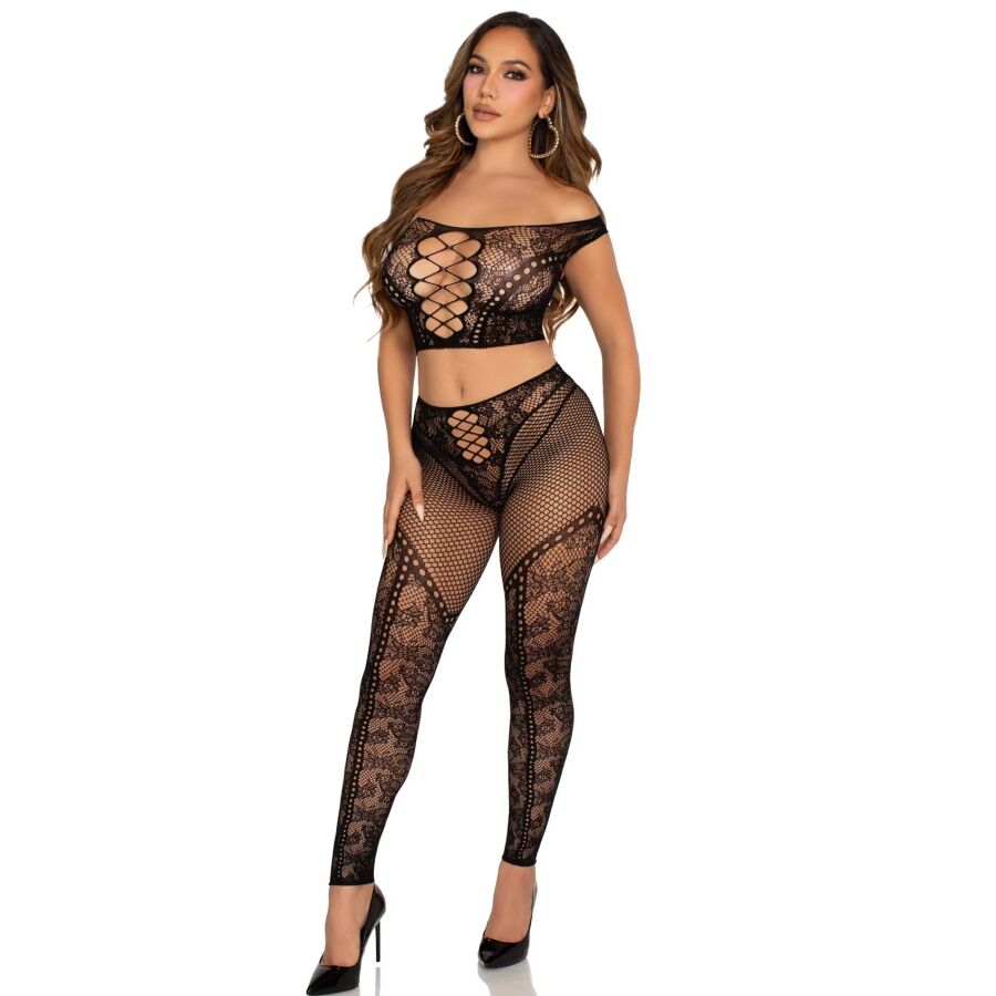 LEG AVENUE - CROP TOP UND NETZLEGGING MIT FREIEN SCHULTERN SCHWARZ