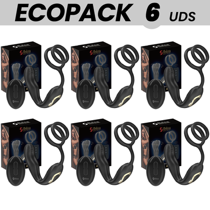 ECOPACKS 6 EINHEITEN - IBIZA WIGGLE FERNGESTEUERTER ROTIERENDER ANALSTECKER MIT DAMMVIBRATION UND PENISVERGRÖSSERUNGSRINGEN