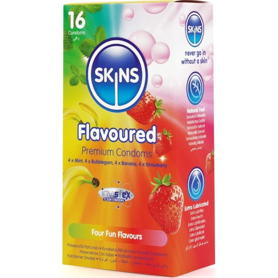 SKINS - PREMIUM-KONDOME MIT VERSCHIEDENEN GESCHMACKSRICHTUNGEN, 16ER-PACK