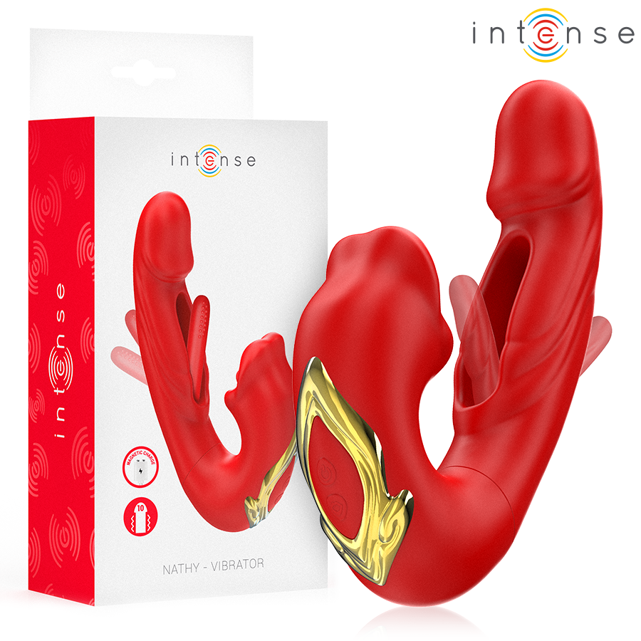 INTENSE - NATHY DOUBLE VIBRATOR WITH MULTIFUNCTIONAL STIMULATING MOUTH RED