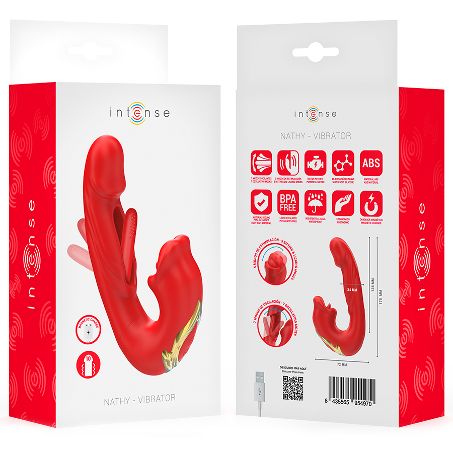 INTENSE - NATHY DOUBLE VIBRATOR WITH MULTIFUNCTIONAL STIMULATING MOUTH RED