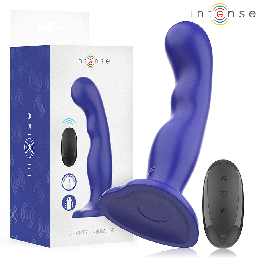 INTENSE - KORTE VIBRATOR MET ZUIGNAPPEN BLAUWE AFSTANDSBEDIENING