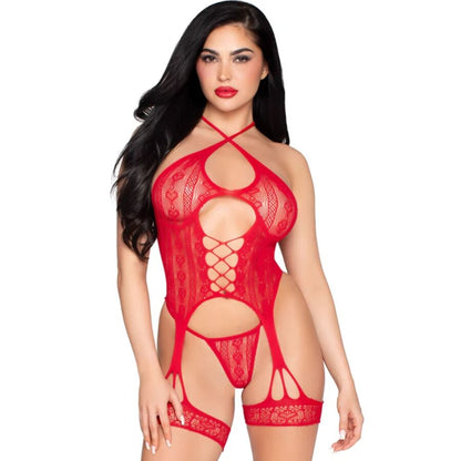 LEG AVENUE - 89338 OFFENER SPITZEN-Bodysuit MIT STRUMPFGÜRTEL + STRING ROT - EINE GRÖSSE