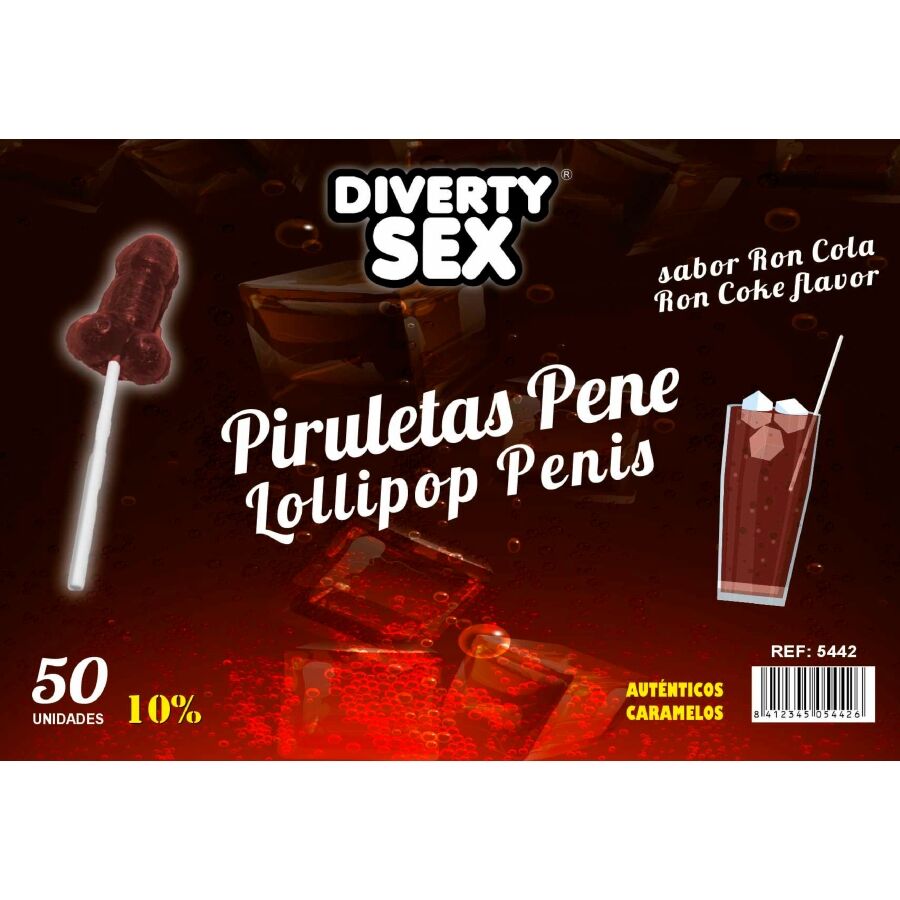 DIABLO GOLOSO – 50 PENIS-LOLLIPOPS RON-COLA-GESCHMACK 10 % ALKOHOL
