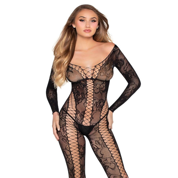 LEG AVENUE - 89369 NETZ- UND SPITZEN-JUMPSUIT, SCHWARZ - EINHEITSGRÖSSE