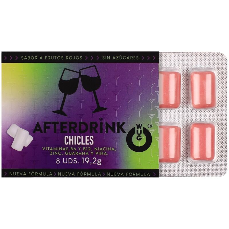 WUG After Drink – Der funktionelle Kaugummi, der Ihnen hilft, nach einer durchzechten Nacht neue Energie zu tanken. Blisterpackung mit 8 Stück