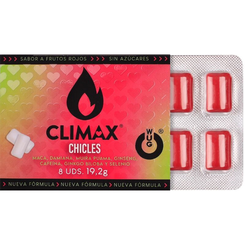 WUG Climax – Funktioneller Kaugummi mit Maca, Damiana und Ginseng zur Steigerung von Lust und sexueller Vitalität. Blisterverpackung mit 8 Stück.