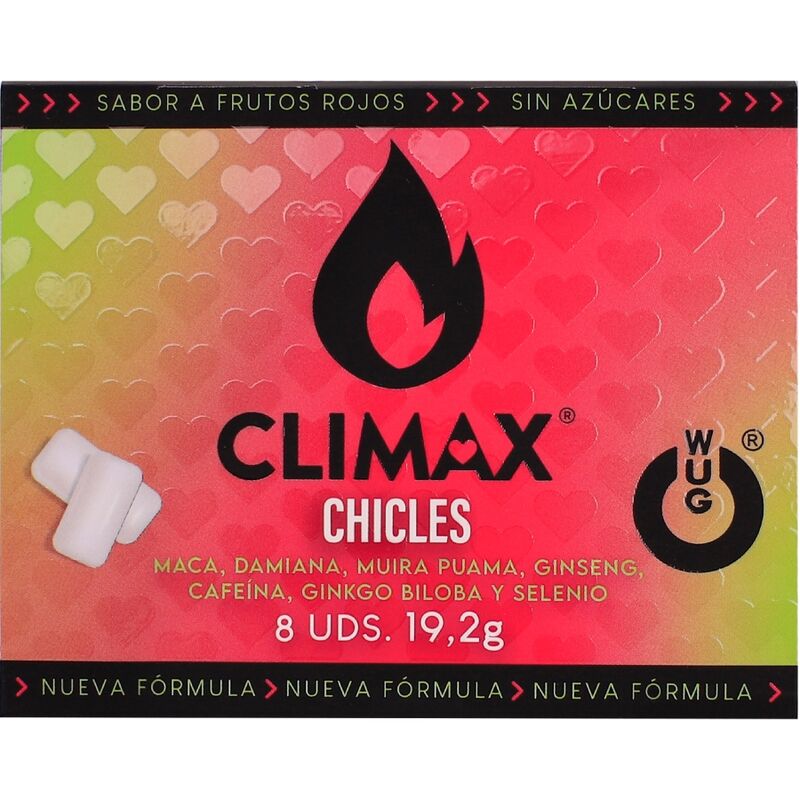 WUG Climax – Funktioneller Kaugummi mit Maca, Damiana und Ginseng zur Steigerung von Lust und sexueller Vitalität. Blisterverpackung mit 8 Stück.