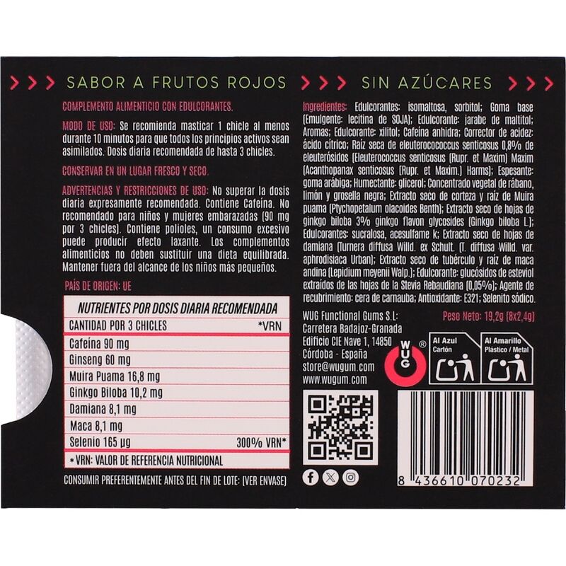 WUG Climax – Funktioneller Kaugummi mit Maca, Damiana und Ginseng zur Steigerung von Lust und sexueller Vitalität. Blisterverpackung mit 8 Stück.