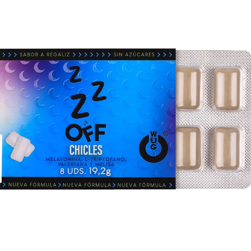 WUG off – Der funktionelle Kaugummi für mehr Entspannung und besseren Schlaf. Blisterpackung mit 8 Packungen