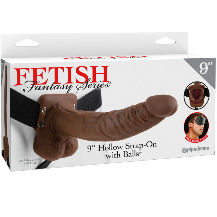 SÉRIE FETISH FANTASY - 9 HOLLOW STRAP-ON AVEC BOULES 22,9 CM MARRON