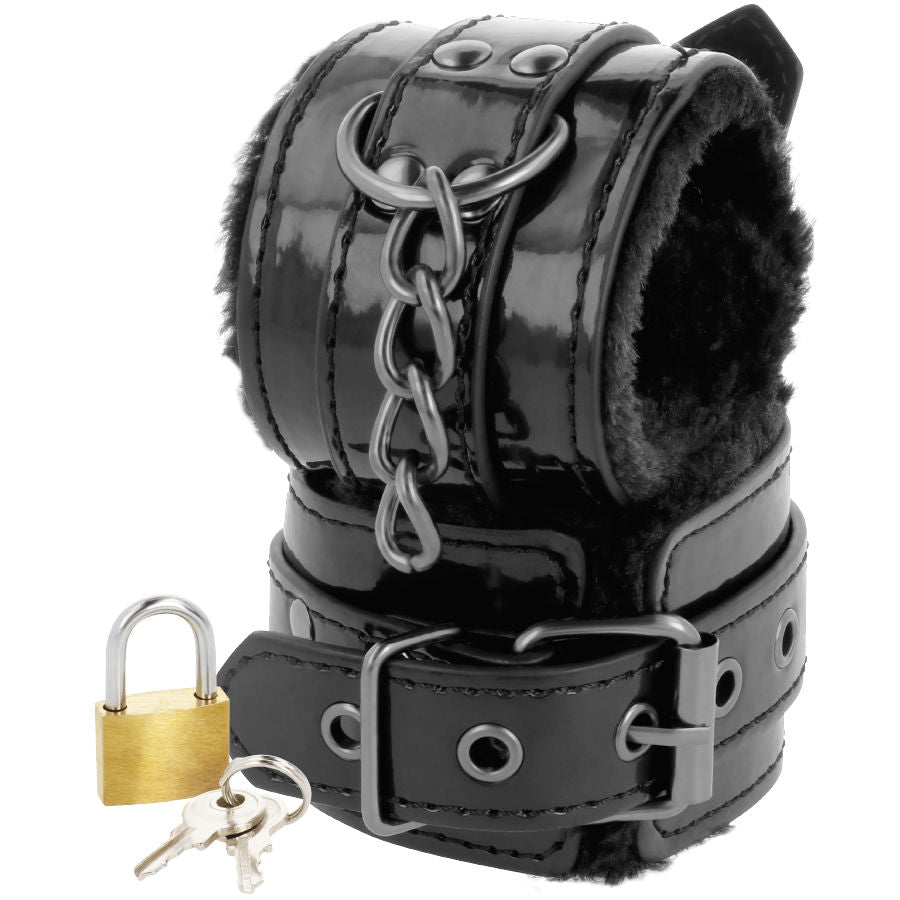 DARKNESS - ADJUSTABLE BLACK LEATHER HANDCUFFS WITH PADLOCK