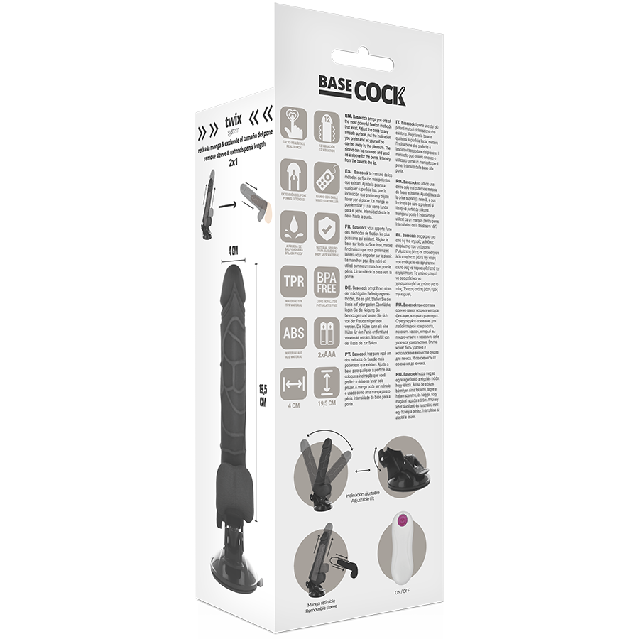 BASECOCK - VIBRATEUR RÉALISTE AVEC TÉLÉCOMMANDE NOIR AVEC TESTICULES 19,5 CM -O- 4 CM